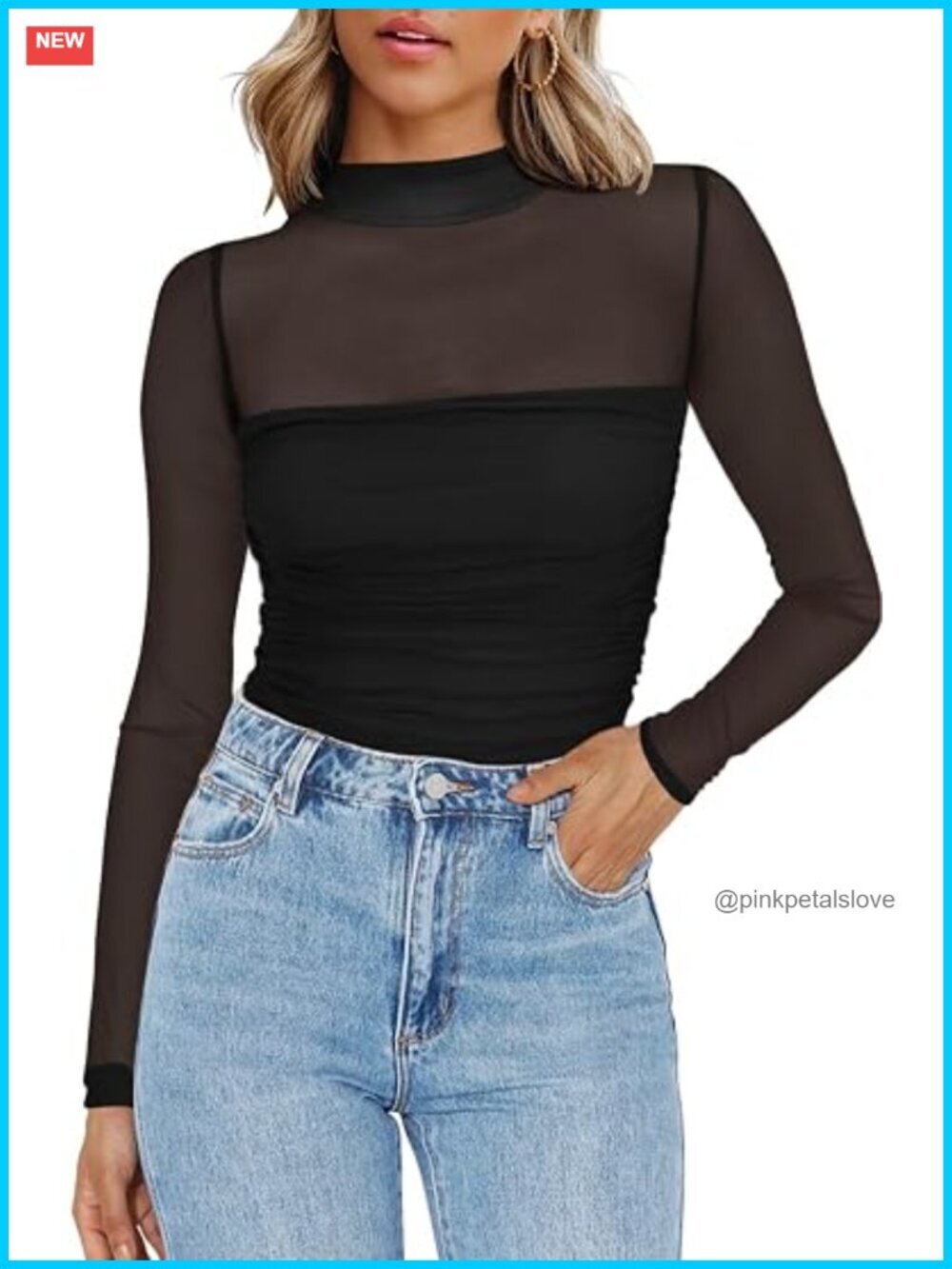 Sheer Mesh Long Sleeve Mock Turtle Neck Blouse - Going Out Top